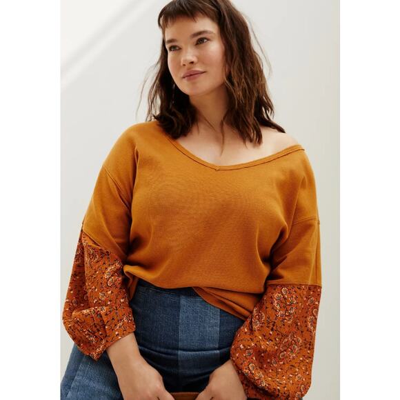 ANTHROPOLOGIE Annette Floral Sleeve Thermal Top Size Small $88 MSRP Gold Orange - Picture 10 of 10